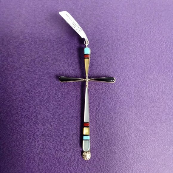 Native American Zuni Handcrafted Sterling Silver Multi-Stone Cross Pendant - Picture 1 of 6